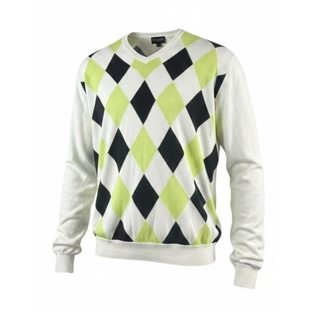 Burberry Golf XL Sweater Mens Argyle V Neck Cotton White Green Classic